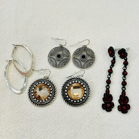 4 pair lot bundle nice quality dangle drop deep red elegant silver oval hoop - Picture 1 of 9